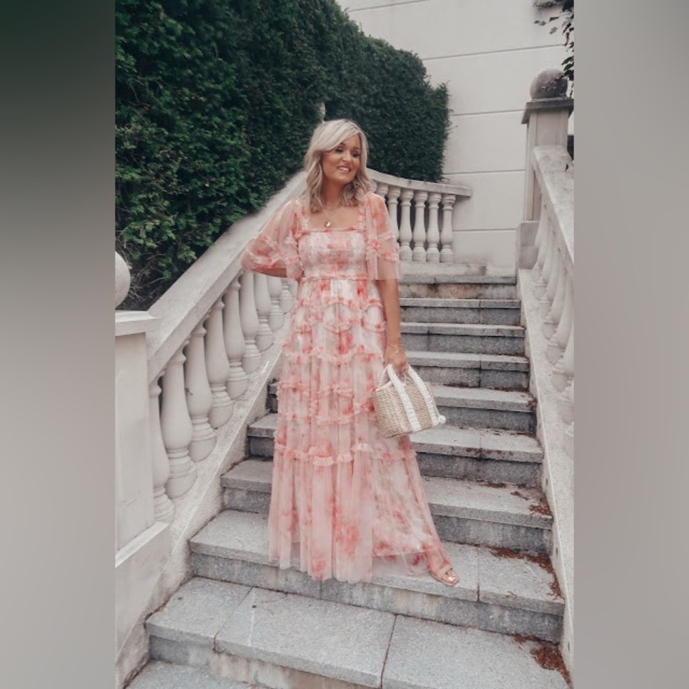 Needle & Thread Pink Floral Tiered Tulle Midi Dress - Picture 5 of 14